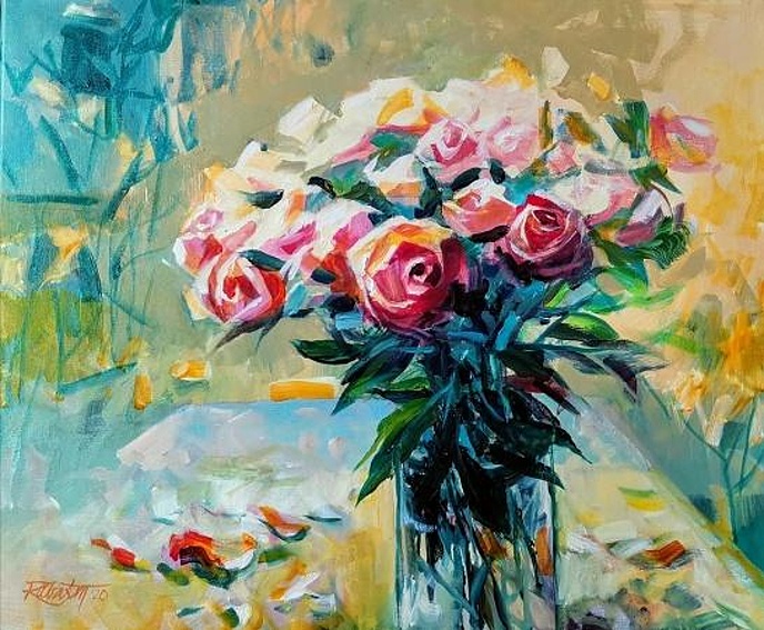 Ruže, 2020, akryl na plátne, 60x70 cm