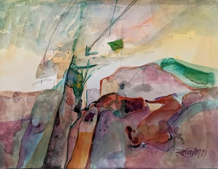 Večerná krajina, 2019, akvarel, 30x40 cm