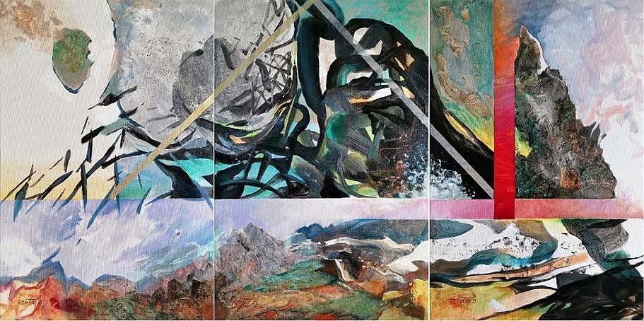 Geodetická krajina, 2023, akryl, triptych,  60 x 120 cm
