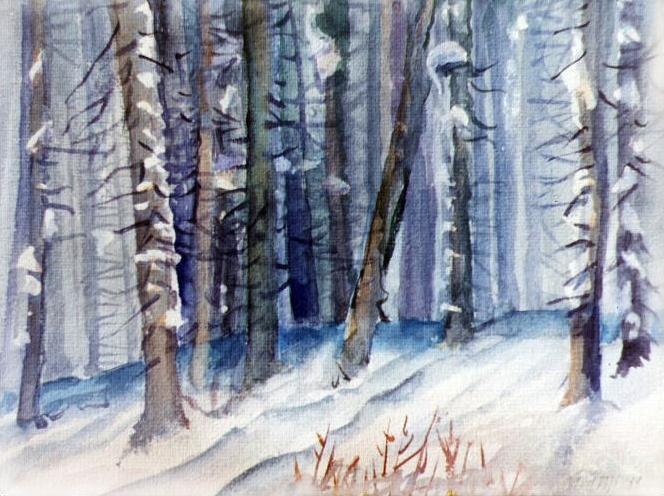 Zimný les, 1999, akvarel, 20x30 cm
