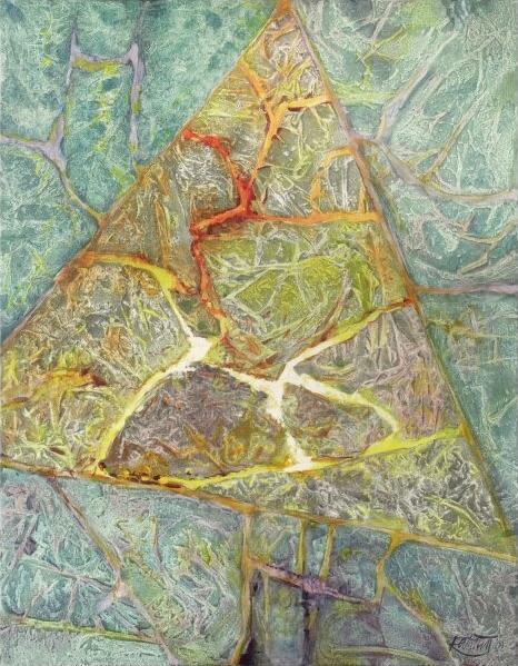 Meditačný trojuholník (Reč kameňov), 2009, akryl na plátne, 90x70 cm