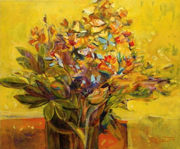 Kytica s motýľmi, 2011, akryl, 50x60 cm